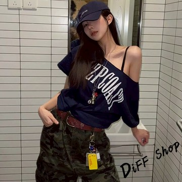 韓版復古斜肩慵短袖上衣【T667】