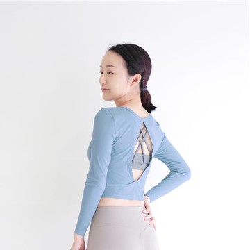 [Mukasa] DURABLE 挖洞露背長袖坑條罩衫 - 天空藍 - MUK-23044