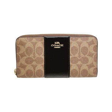 【COACH】條紋拼接皮革拉鍊皮夾-卡其黑