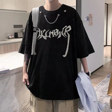 嘻哈項鏈燙鑽短T 個性設計t恤 潮流 日系 短袖T恤 男生 寬鬆 嘻哈 大尺碼 情侶 五分袖 短T（CBY40）