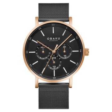 OBAKU 撼動世界三眼時尚腕錶-玫瑰金X黑-V246GMVBMB-41mm