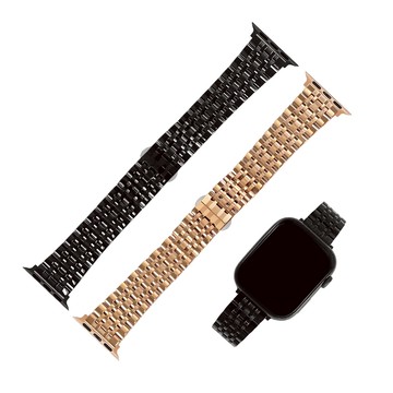 Apple Watch 全系列通用錶帶 蘋果手錶替用錶帶 亮光色澤 蝴蝶雙壓扣 不鏽鋼錶帶 黑/玫瑰金色 #852-42-18