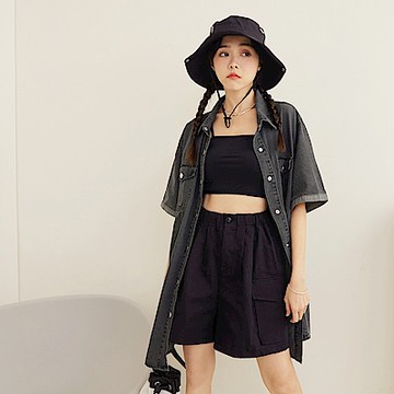 OB嚴選-棉質排釦寬版短袖牛仔外套(附皮帶)