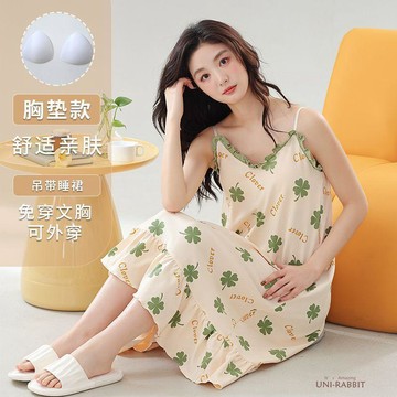 臺灣出貨 帶胸墊睡裙 吊帶睡裙 連身睡裙女夏天胸墊睡衣女夏季薄款棉質中長款吊帶背心睡裙無袖連衣裙家居服