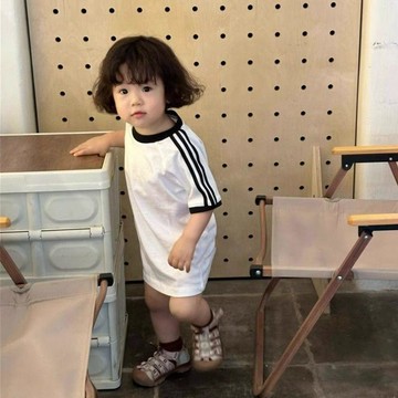 🎀biubiu童裝🎀女童三條槓短袖T恤裙夏季洋氣中長款裙子兒童休閒純棉連衣裙