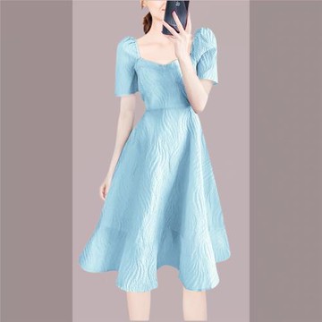 CKSHA【深海幽藍】輕奢法式肌理感甜美連衣裙夏季新款收腰顯瘦女