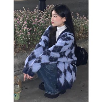 奶系軟糯菱格毛衣女春秋寬松韓版古著慵懶溫柔風v領針織開衫外套
