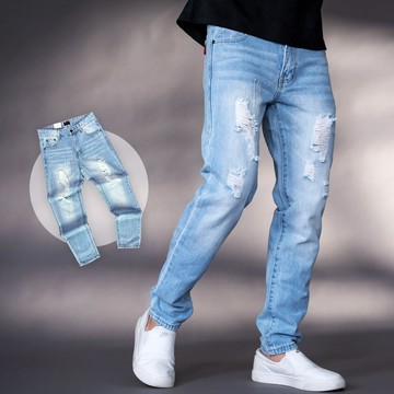 【NB1908J】淺藍刷白抓破抽鬚小直筒牛仔褲長褲(UC2153)