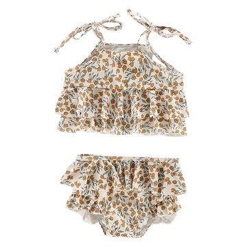 愛北鼻 ins女童泳衣 吊帶分體泳衣+泳褲+泳帽 100碼 建議90-100cm  1入  小橘子