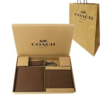 【COACH】男款8卡活動證件夾短夾附鑰匙圈禮盒附紙袋(棕色)