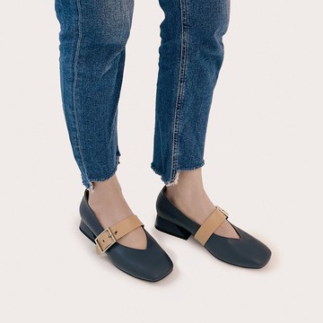 鉚釘寬帶! 修飾V型大方頭瑪莉珍 藍 全真皮MIT -花青色