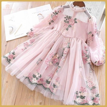 爆款熱推💖全臺免運 女童長袖連衣裙秋裝韓版花朵刺繡公主裙泡泡袖宮廷風洋氣女孩裙子 DVSO
