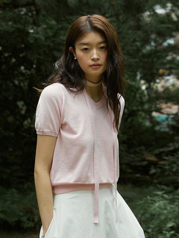 Pale v neck ribbon choker summer knit - soft pink