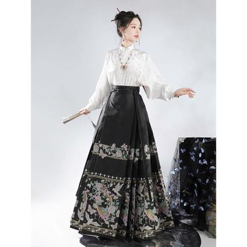 菩薩蠻原創明制漢服女國風新中式螺鈿幻彩織金馬面裙日常套裝春款