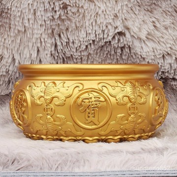 ??風水招財??黃銅雙魚聚寶盆家居辦公室祠堂桌麵五福聚寶盆金屬工藝品擺件聚寶盆 聚寶甕 雙錢款 花口 聚財 辦公招財