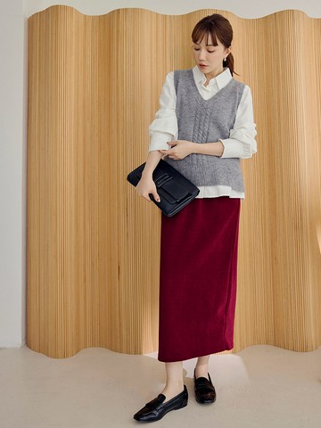 柔暖燈芯絨腰鬆緊後開衩長裙