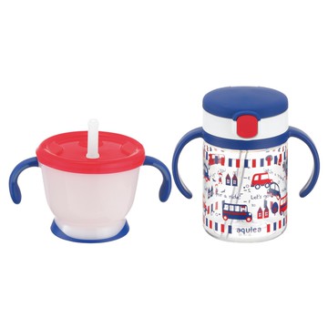 日本 Richell 利其爾 - 貝克街水杯組合-車子街道圖案-藍-150ml/200ml