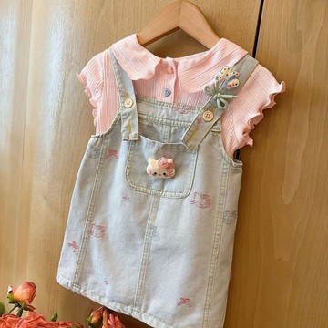 Mini baby🌷甜美女孩卡通KT貓牛仔揹帶裙套裝夏季娃娃領上衣兩件套