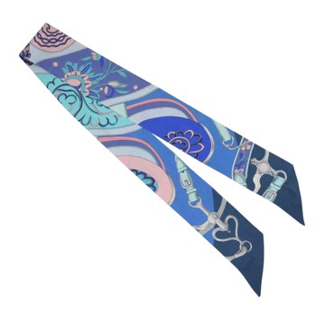 HERMES 愛馬仕 藍色 鎖鏈/花卉 圖案 絲綢 Twilly 絲巾 【二手名牌BRAND OFF】