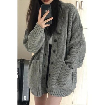 灰色中長款毛衣外套女秋冬外搭日系慵懶復古奶系穿搭軟糯針織開衫
