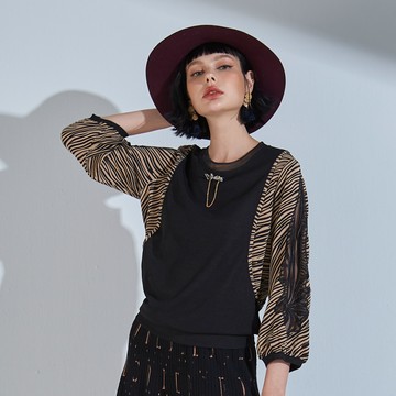 CLL巧玲瓏 蕾絲拼接斑馬紋印花長袖上衣 3478818