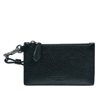 COACH 掛繩證件夾拉鍊零錢包 鵝卵石紋真皮皮革 悠遊卡片夾 識別證件夾 吊牌 CAJ45 黑色(現貨)▶指定Outlet商品5折起☆現貨【送禮首選★APP下單點數4倍送】