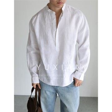 【100%亞麻】意式老錢立領紐扣透氣吸濕休閑通勤亞麻長袖襯衫男士