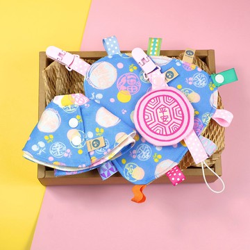 Lucky5印花 安撫巾 紅龜粿奶嘴鍊 口水巾 柔和親膚 彌月祝福禮