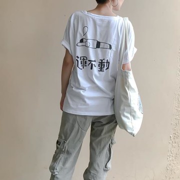 時游 趣味運不動寬松短袖T恤后背圖案印花夏新怪味少女