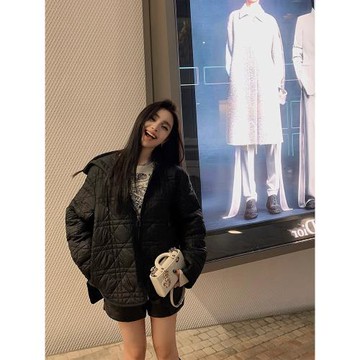 韓版寬松菱格連帽棉服外套女2025秋季新款設計感小眾保暖夾克上衣
