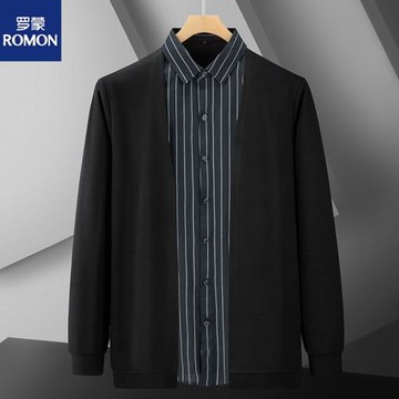 羅蒙長袖襯衫領假兩件加肥加大碼秋季男裝開衫胖子商務休閑毛衣潮