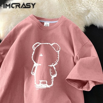 IMCRASY 圓領夏季短袖t恤男女新款印花純棉潮流休閒寬鬆ins體恤衫