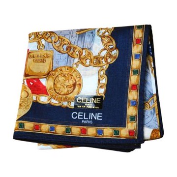 CELINE 經典巴黎鐵塔凱旋門金鍊圖騰字母LOGO帕領巾(深藍邊/48CM)