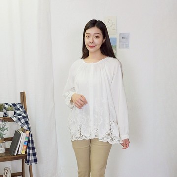 花木馬日系女裝圓領打褶插肩袖刺繡花邊清新襯衫