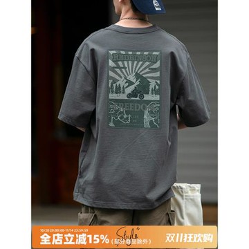 日系復古后背印花短袖T恤男夏季圓領百搭寬松半袖休閑潮牌短TEE