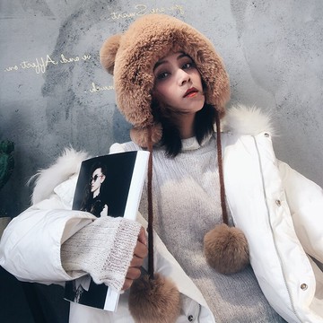 定制加厚冬無敵保暖毛線帽毛毛護耳雷鋒帽綁帶球球加絨戶外御寒帽1入