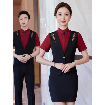 新中式中餐廳咖啡店服務員工作服女短袖襯衫套裙酒店前臺接待迎賓