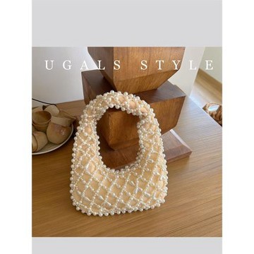 UGALS復古鏤空菱形珍珠包新中式宴會手工編織串珠托特手提腋下包