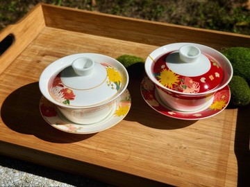 囍福滿堂蓋碗三件套 一對