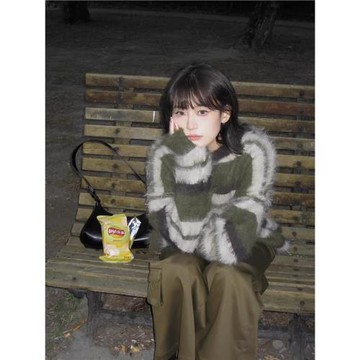 復古慵懶風綠色條紋馬海毛毛衣女寬松加厚中長款水貂絨針織衫秋冬