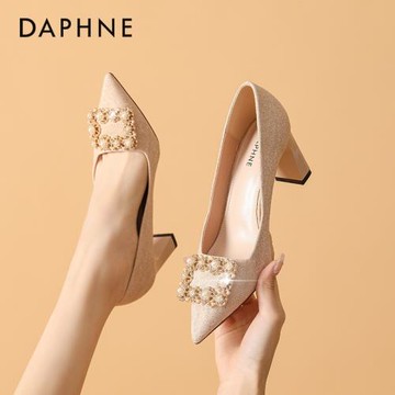 達芙妮粗跟高跟鞋女2024年春季爆款時尚宴會伴娘水鉆方扣尖頭單鞋