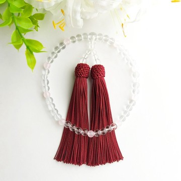 【女用／主玉 6mm】小顆水晶・水珠圖案念珠／胭脂紅穗