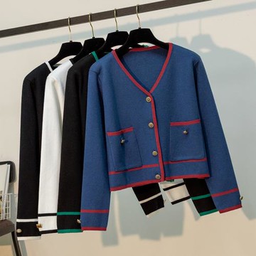 小香風針織開衫外套女拼色披肩春秋外搭洋氣紐扣寬松外穿毛衣上衣