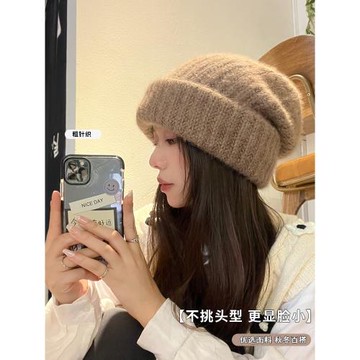 大頭圍帽子女秋冬天兔毛針織毛線帽顯臉小保暖毛絨護耳堆堆帽冷帽