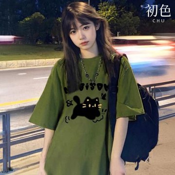 初色 大碼美式休閒寬鬆圓領字母貓咪印花落肩短袖T恤上衣女上衣-共4色-19618(M-3XL可選)