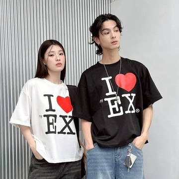 OOOBA 愛心字母短T  I ❤️ EX 情侶款寬鬆純棉T恤 短袖印花T 百搭休閒上衣18948