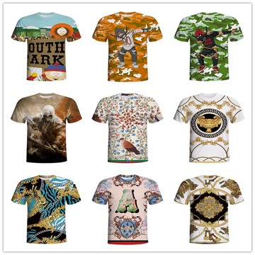 2017春夏新款3D小鳥字母老虎金紋迷彩卡通動畫印花男時尚短袖T恤