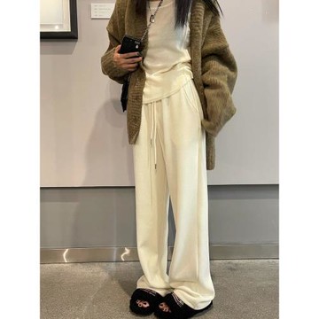 留下1992 秋冬針織軟糯垂墜直筒褲百搭顯瘦歐棉絨拖地褲抽繩長褲