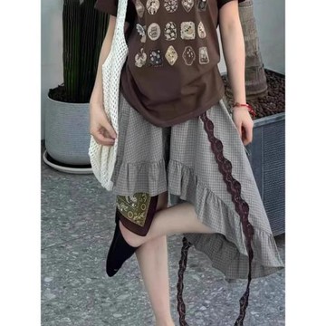 2025夏季新款蕾絲飄帶不規則格子半身裙女設計師大碼胖MM拼接半裙