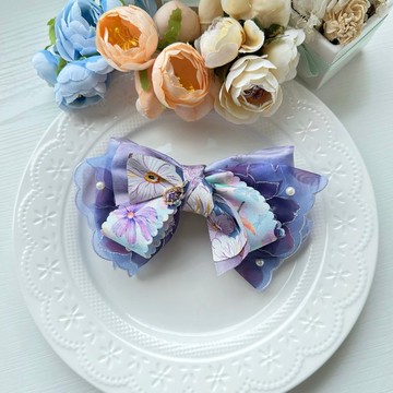 印花紗蕾絲蝴蝶結彈夾髮夾髮飾頭飾-夢幻感藍紫色